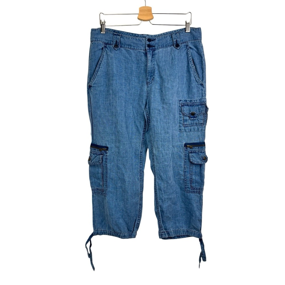 Y2K‎ Ralph Laruen Jeans Co Linen Cargo Pants sz 12 Chambray Denim Crop Wide Leg